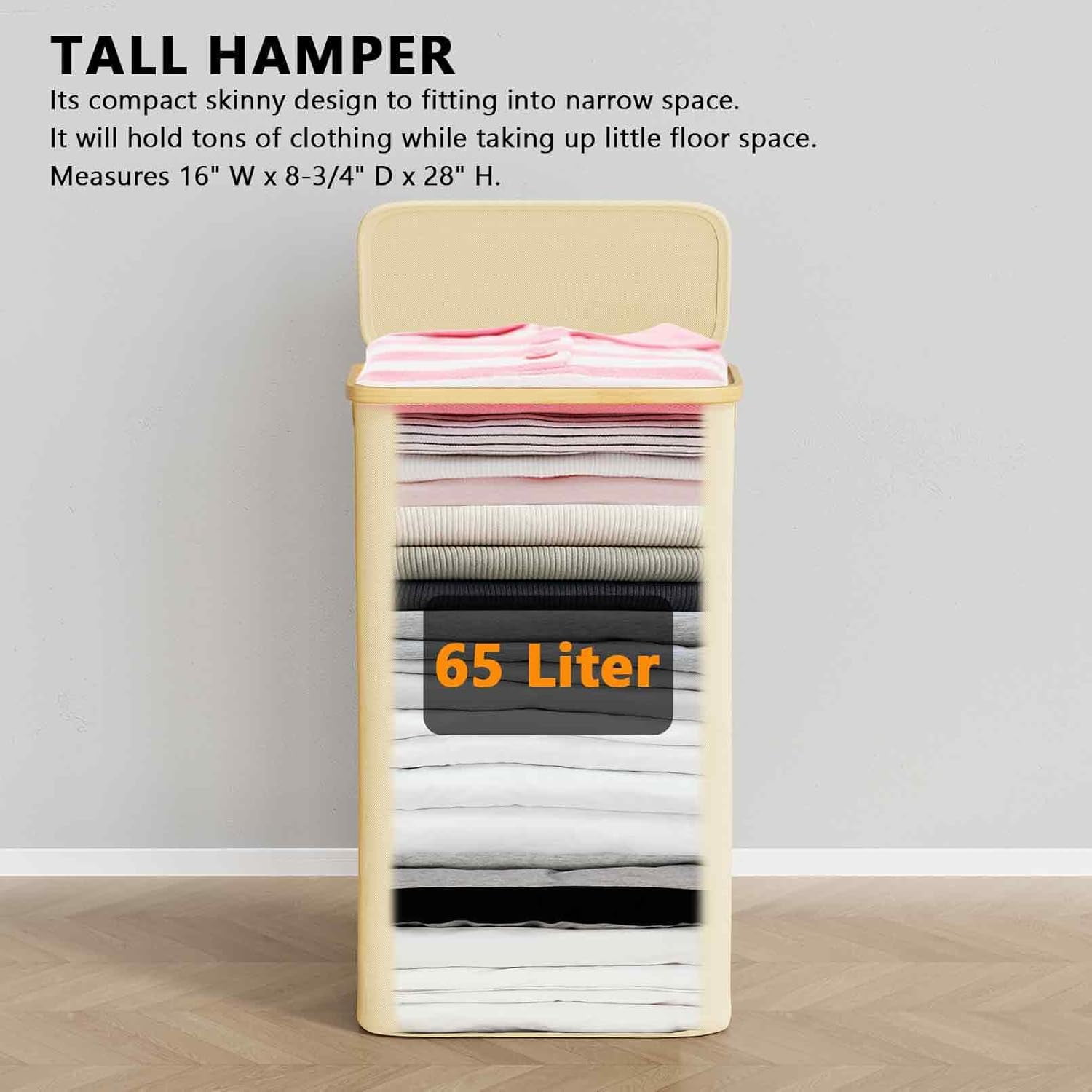 SpaceAid Slim Laundry Hamper with Lid, 65L Narrow Tall Clothes Basket Bin, Beige