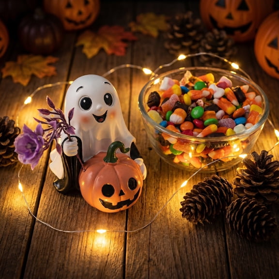 Halloween Decorations Savings, Tarmeek Halloween Decoration Pumpkin Ornament Resin Statue Fall Holiday Decor Tabletop Centerpiece Cute White Ghost with Pumpkin for Indoor Display