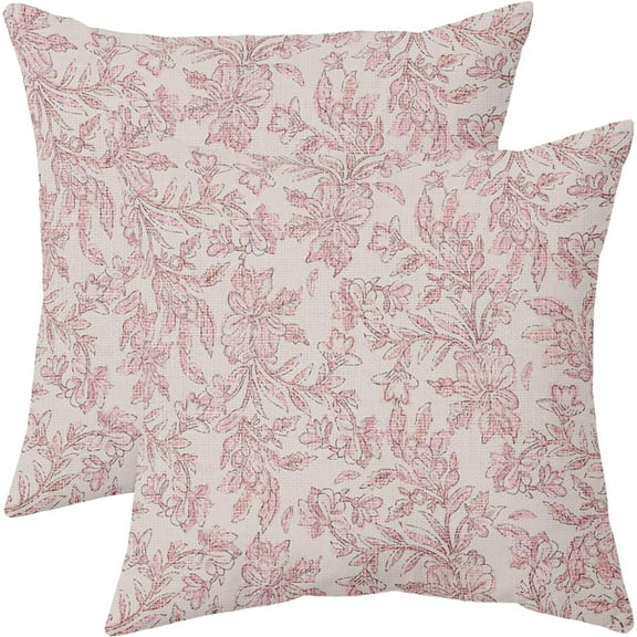 Pink Floral Block Print Pillow Covers 16x16 Set of 2 Vintage Flower Decorative Throw Pillows Outdoor Rustic Farmhouse Pillowcases Cushion Case Decor for Home Sofa Couch Bed