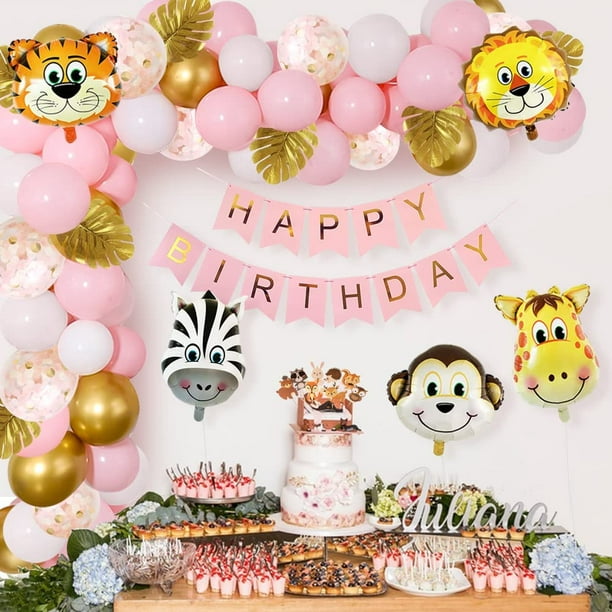 AOWEE Animal Birthday Party Decorations for Girls,Pink Theme Happy Birthday  Decoration Jungle Safari Party Supplies Animal Party Balloons for Baby  Shower Girls Birthday 