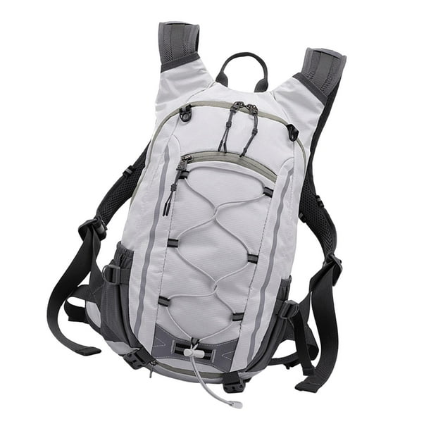 Mochila ergonómica de senderismo de poliéster con almacenamiento exterior para senderismo y deportes. Gris blanco