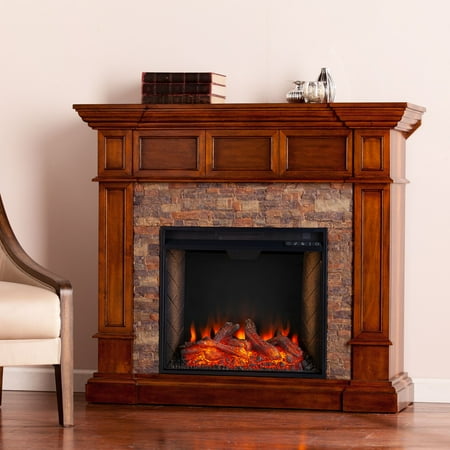 

SEI Furniture Addao Freestanding Smart Convertible Corner Electric Fireplace in Oak with Faux Stone
