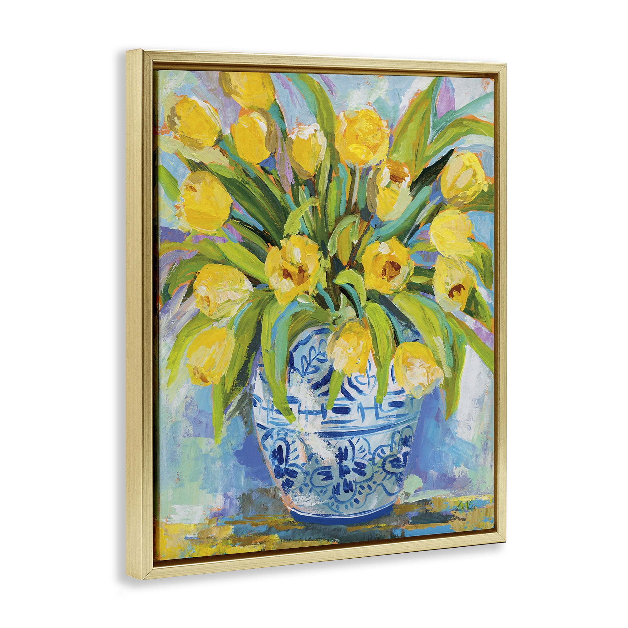 Stupell Industries Expressive Yellow Tulips in Vase Botanical & Floral Painting Gold Floater Framed Canvas Art Print Wall Art, 17 x 21