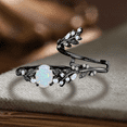 thumbnail image 2 of Gothic Oval Cut White Opal Wedding Ring in 14K Black Gold Vermeil- Art Deco Leaf Bridal Band, 2 of 5
