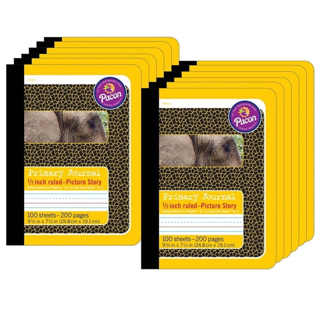 Primary Composition Book, 1/2" Ruled With Picture Story Space, Yellow/Elephant, 9-3/4" X 7-1/2", 200 Pages, Pack Of 12