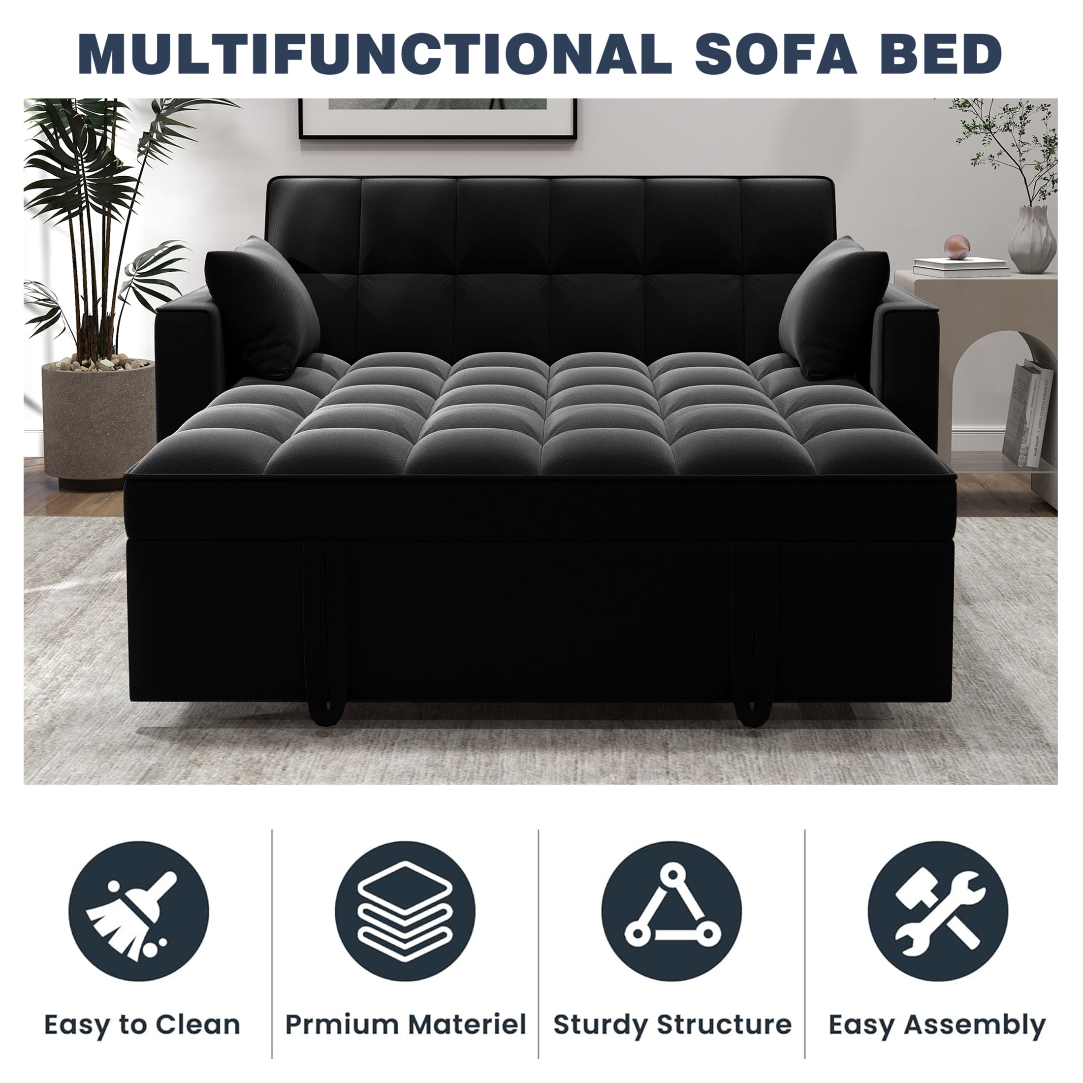 DEALTOPS Loveseat Convertible Pull Out Sleeper Sofa Bed, Black