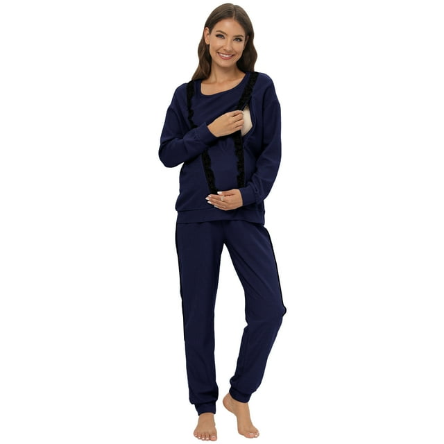 Wbq Maternity Nursing Pajamas Set Long Sleeve Lace Stitching Side