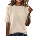 thumbnail image 2 of Womens Tops, Casual Tops for Women, Summer Tops, Short Sleeve Sweater for Women Cozy Crew Neck Pullover Sweaters Shirts Business Casual Lightweight Knit Work Tops, Beige L, 2 of 6