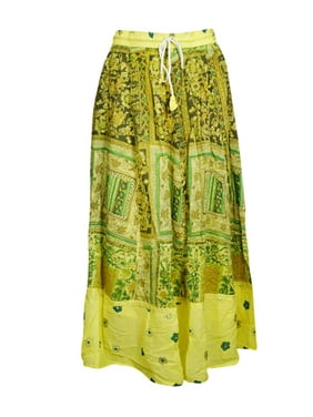 Mogul Women GREEN Cotton Long Skirt Printed Summer Style Beach Maxi Skirts SM