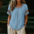 thumbnail image 2 of Ashirexll Summer Tops for Women Casual Linen Blouse Short Sleeve Floral Embroidery Lace Detail Summer Top for Daily, 2 of 7