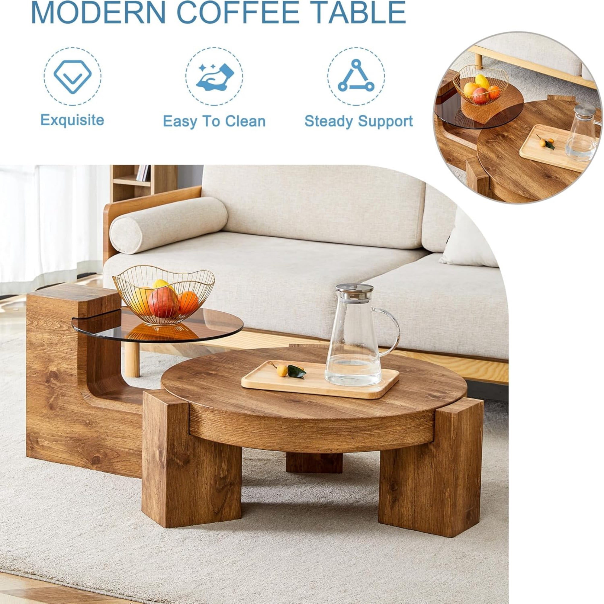 Sudica Detachable Double-decker Coffee Table,30" Round Tea Table with Wood Grain Base,Center Table for Living Room