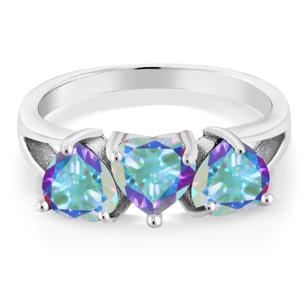 Gem Stone King 925 Sterling Silver Mercury Mist Mystic Topaz 3-Stone Ring for Women | 2.85 Cttw | Heart Shape 6MM | Available in Size 5, 6, 7, 8, 9