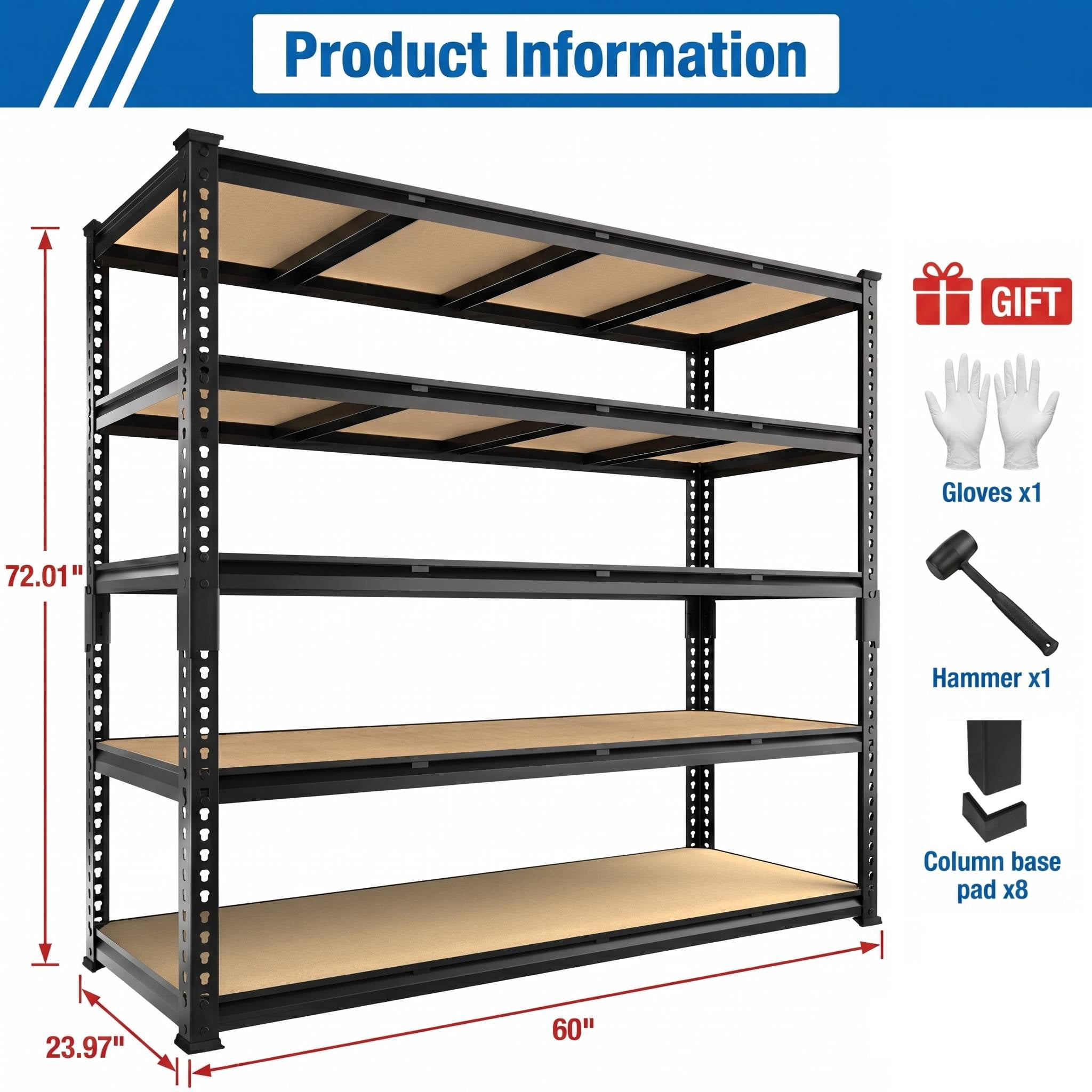 4 Pack Heavy Duty Garage Shelving Units, 60"W x 23.97"D x 72.01"H Metal Storage Shelves, 5 Tier Industrial Shelf Rack 3000LBS Adjustable Industrial Shelves for Pantry Warehouse