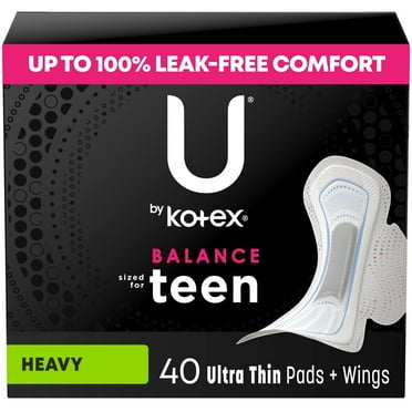 Pack of 2 U by Kotex Balance - Sized for Teens Ultra Thin Pads with Wings - Heavy Absorbency, 40 ct (Package May Vary)