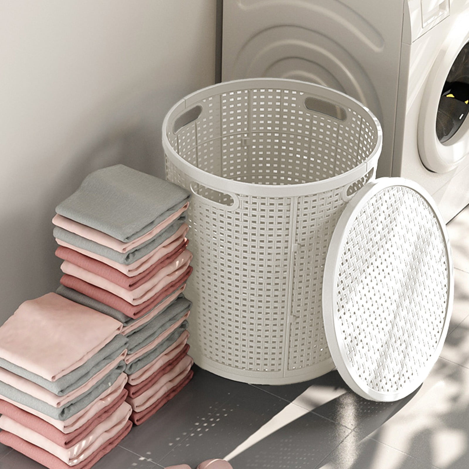 Laundry Basket, Gaqring Large Capacity Laundry Hamper, Imitation Rattan Plastic Storage Basket with Lid for Clothes Toys, White