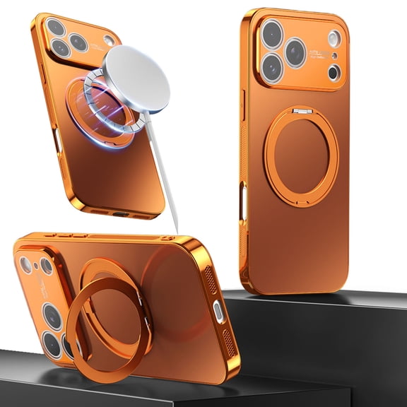 ELEHOLD For iPhone 17 Pro Magnetic Case with Full Camera Protector, Shockproof Rugged Magnetic 360° Ring Kickstand Anti-Scratch Frosted Anti-Fingerprint Cover,Orange