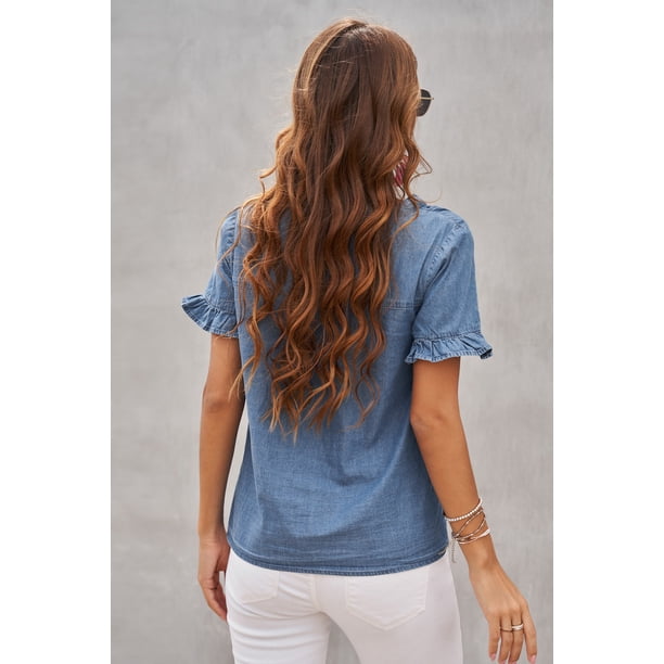 ABPHQTO Conjunto familiar a juego para mujer con cuello en V y mangas con volantes, parte superior de mezclilla