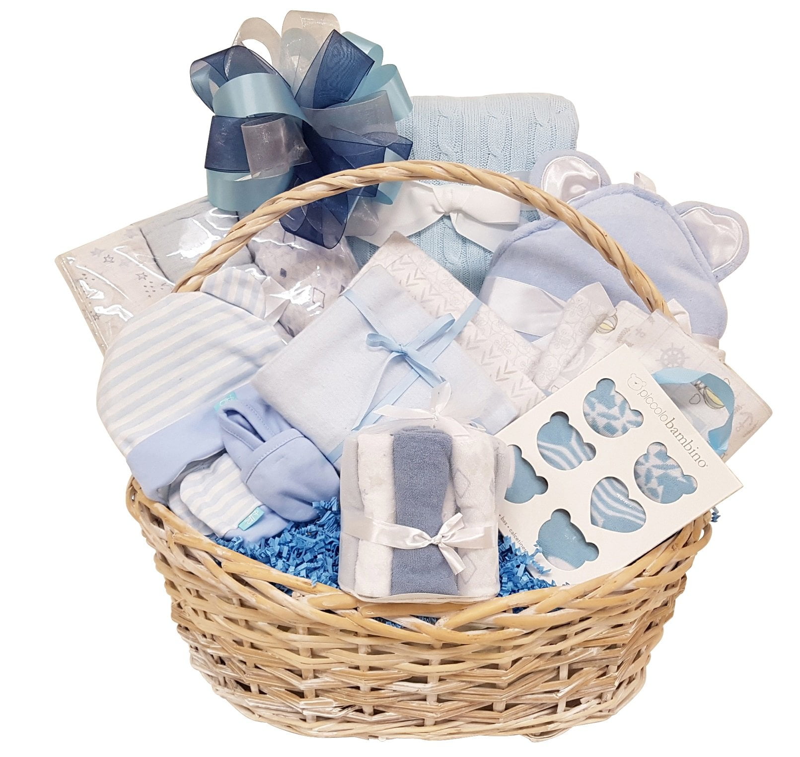 Baby Boy Gift Basket with Blanket, Swaddlers, Receiving Blankets, Socks, Towel, Washcloths and