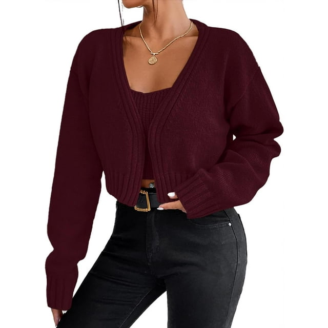 HAHDAXIA Ensemble de Chandail 2 Pcs pour Femme Cardigan Court à Manches Longues Ensemble de Chandail Court