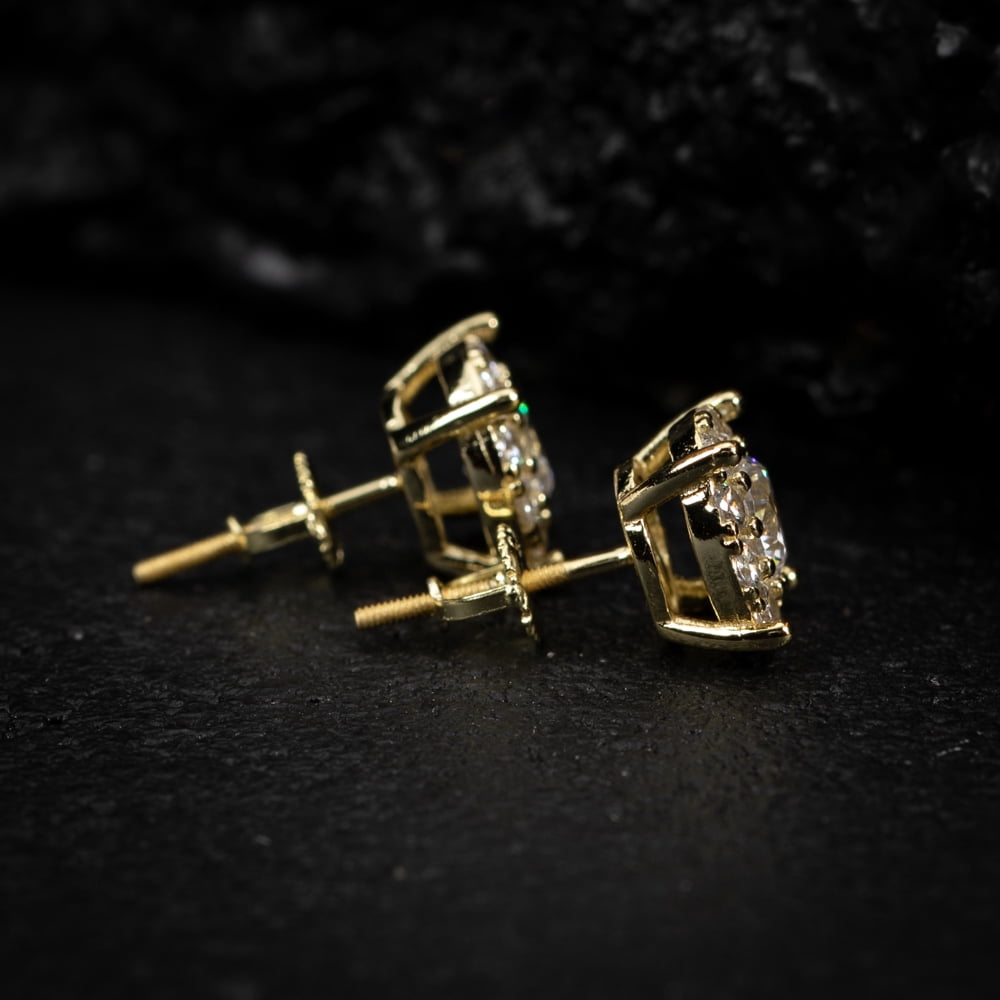 Yellow Gold Plated 925 Sterling Silver Screw Back Post Large Unisex Round Hip hop CZ Flower Cluster Big Circle Shape Stud Earrings