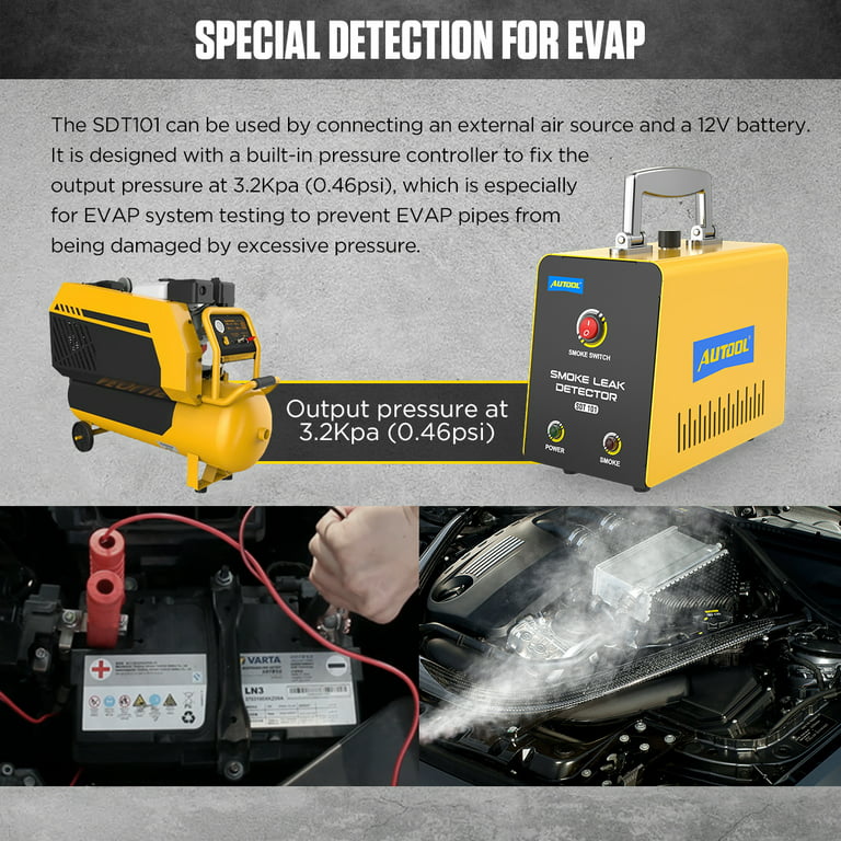 AUTOOL Automotive Smoke Leak Detector, DC12V EVAP Smoke Machine, Car Pipe  Vacuum Leakage Tester with Pressure Gauge for Car ,Motorcycle, Boat, Truck
