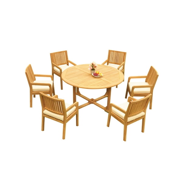 Grade-A Teak Dining Set: 6 Seater 7 Pc: 60" Round Table And 6 Maldives Arm Chairs Outdoor Patio WholesaleTeak #51ML1207
