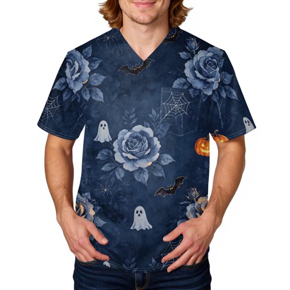 Halloween Scrub Tops for Men Short Sleeve V Neck Working Nurse Uniform Plus Size Bat Pumpkin Printed Medical Shirt