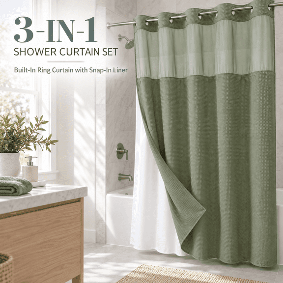 OZERA No Hook Waffle Shower Curtain with Snap‑in Liner, 71x74 Inch Sage Green, 230 GSM Fabric, 2 Bottom Magnets, Mesh Top Window, Washable for Bathroom Hotel