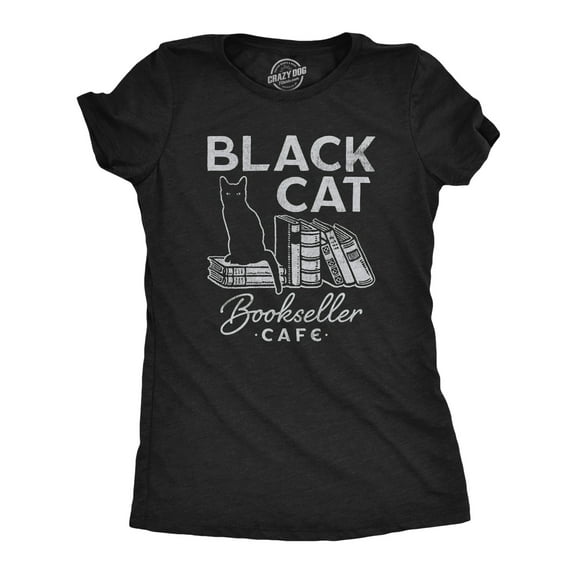 Womens Black Cat Bookseller Cafe T Shirt Funny Halloween Book Lovers Novelty Tee for Ladies Womens Graphic Tees