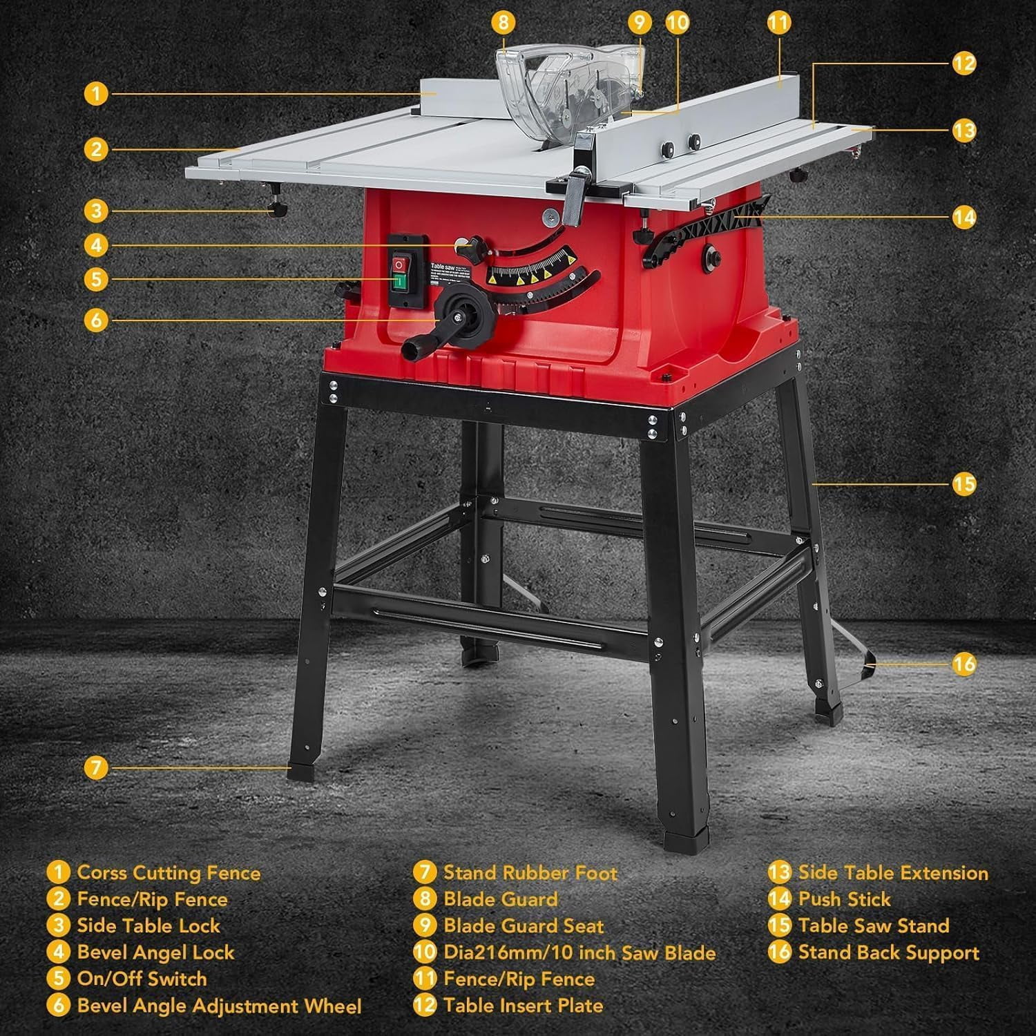 Table Saw, 10 Inch 15A Multifunctional Saw with Stand & Push Stick, 90° Cross Cut & 0-45° Bevel Cut, 5000RPM, Adjustable Blade Height for Woodworking, Red