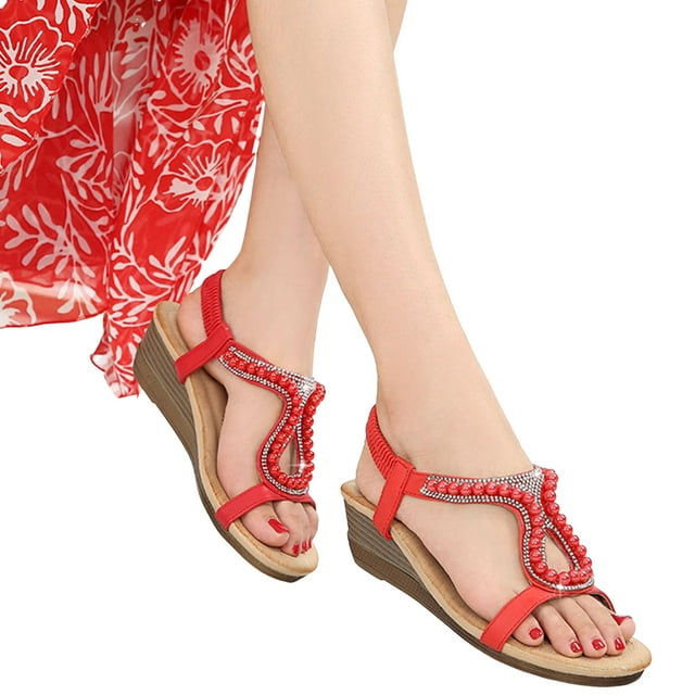 Sandales Habillées à Talon Compensé pour Femmes avec Strass, Style Bohème, Paillettes, Perles, Talons Hauts, Slingback, Sandales de Robe, Mariée, Mariage