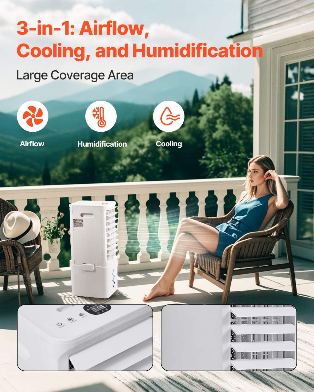 VEVOR Portable Air Conditioner, 9L 550 CFM Swamp Cooler Air Conditioner with 12H Timer & Remote Control,3-Speed Evaporative Air Cooler with 2 Ice Boxes,Quiet & Movable,Ideal for Outdoor Indoor Use