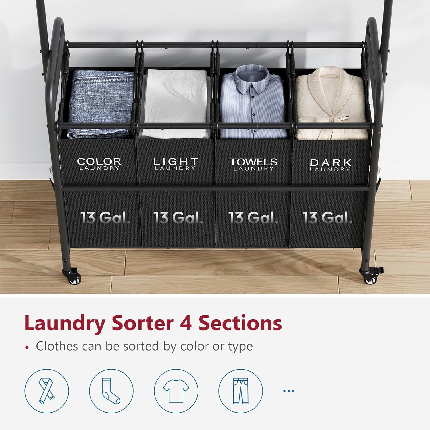 Laundry Sorter Cart with Hanging Clothes Rack, 4 Butler Sorter Basket Organizer, Laundry Hamper Cart with Heavy Duty Rolling Lockable Wheels