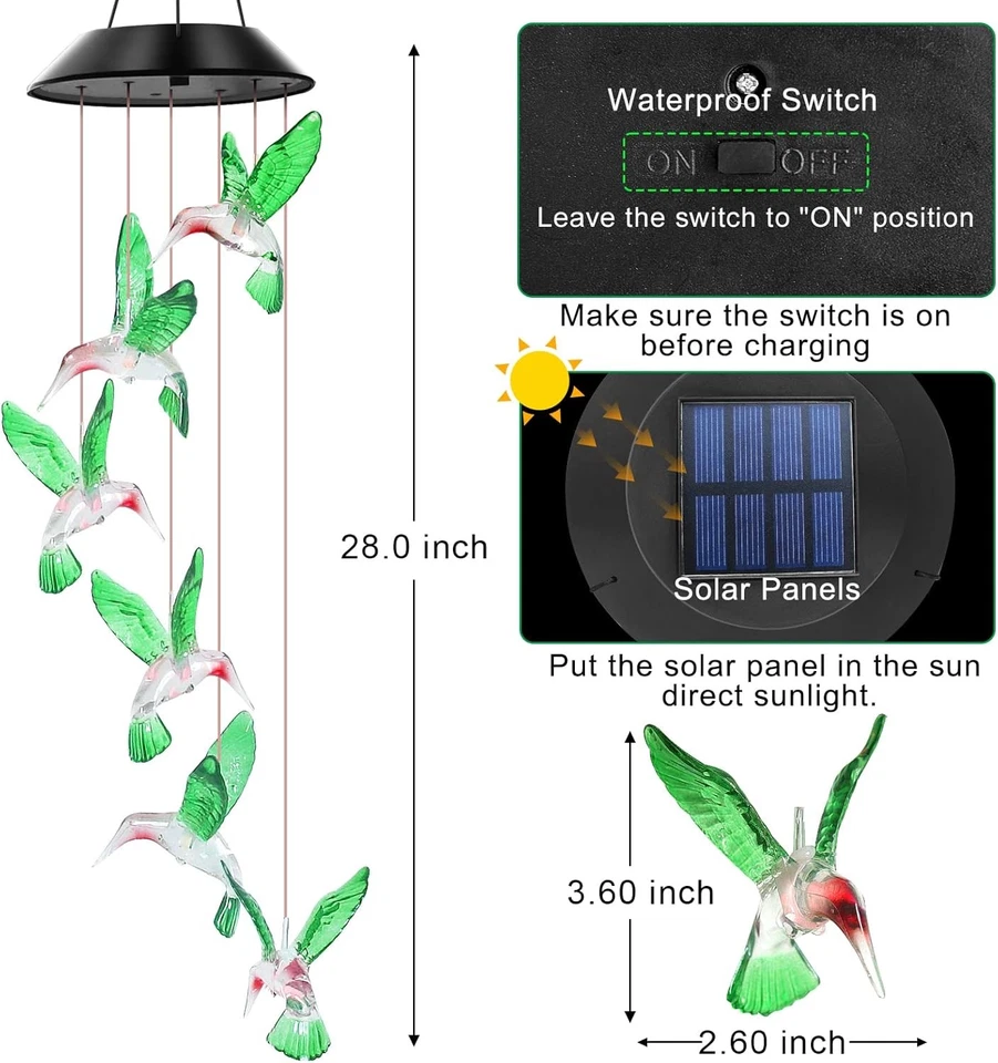 PURELY- Solar Wind Chimes Lights Led Color Changing Hanging Hummingbird Ball Garden Lamp