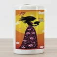 thumbnail image 3 of Feminine Ceramic Toothbrush Holder, Flowers Butterflies and Silhouette of Girl in Floral Dress Bouquet Fantasy Art, Versatile Countertop for Bathroom, 4.5" X 2.7", Orange Black, by Ambesonne, 3 of 4