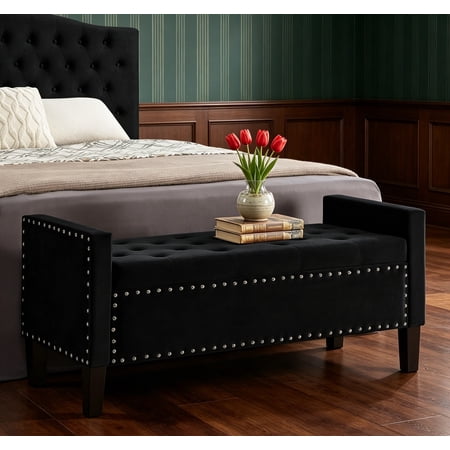 Storage Ottoman Bench Velvet Upholstered Tufted Button Storage Bench for Entryway with Safety Hinge Armrest & Soft Padded Seat Footstool for Bedroom & Living Room Black