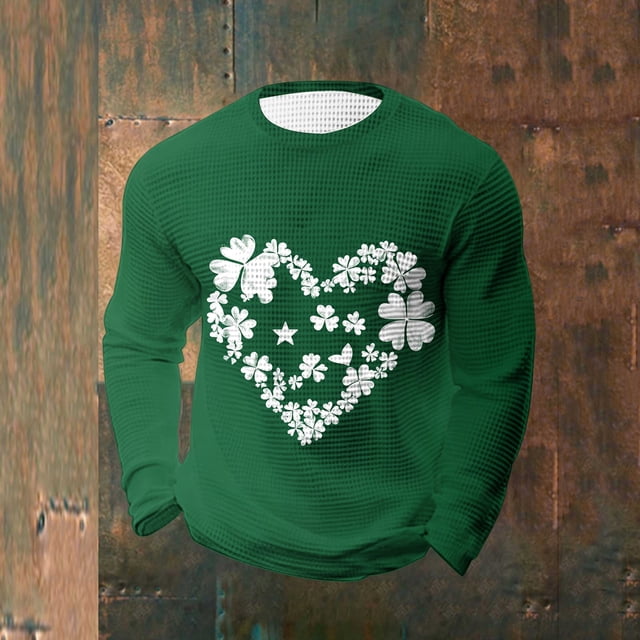 Ceisia Men's St. Patrick's Day Shamrock Heart Waffle Knit Top | Long Sleeve Crew Neck Casual Tee Gifts
