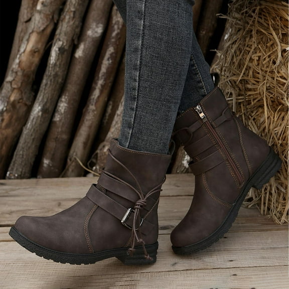 Women's Mid Calf Dress Boots Chunky Low Heeled Riding Boots Flat Warm Fall Short Booties with Zipper Faux Suede Dress Western Fall 2025 Shoes