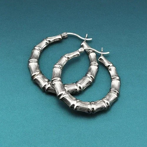 Tilo Jewelry 925 Sterling Silver Polished Bamboo Texture Hoop Earrings (16mm) Statement Earrings for Women & Unisex