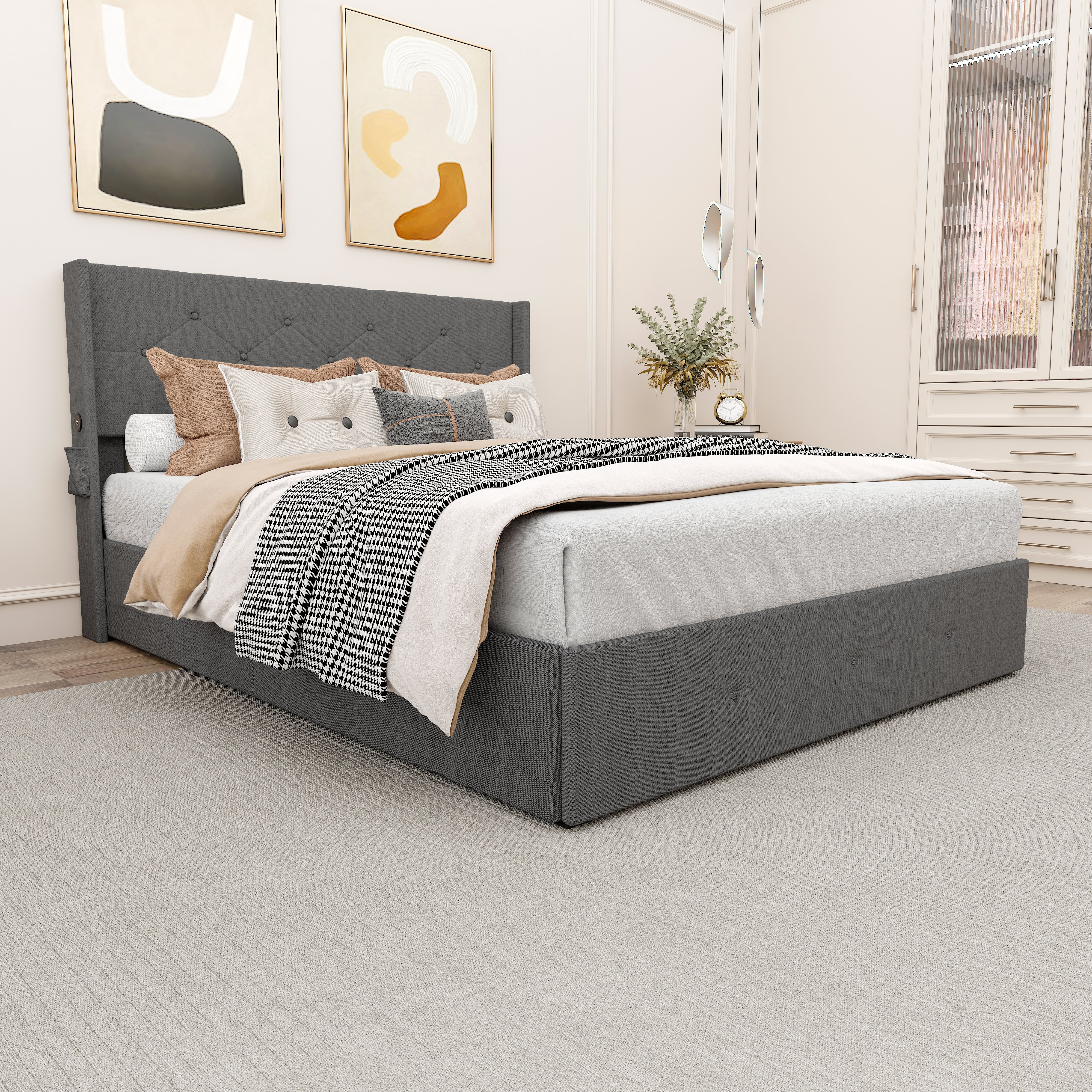 Lisonu Modern Queen Size Bed Frame with Storage, Wingback Headboard, USB Ports, Dark Gray Upholstered