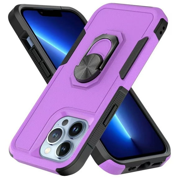 For Apple iPhone 14 Pro (6.1") Hybrid Rugged Hard Drop-Proof 3 Layer Protection Military Grade Armor Metal Ring Stand Cover ,Xpm Phone Case [ Purple ]