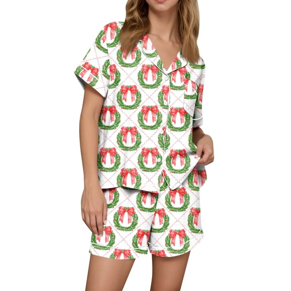 Wutalume Women's Casual Fashion Christmas Print Short Sleeve Pajama Set, Button Down T-Shirt and Shorts, Holiday Home Wear,Army Green L
