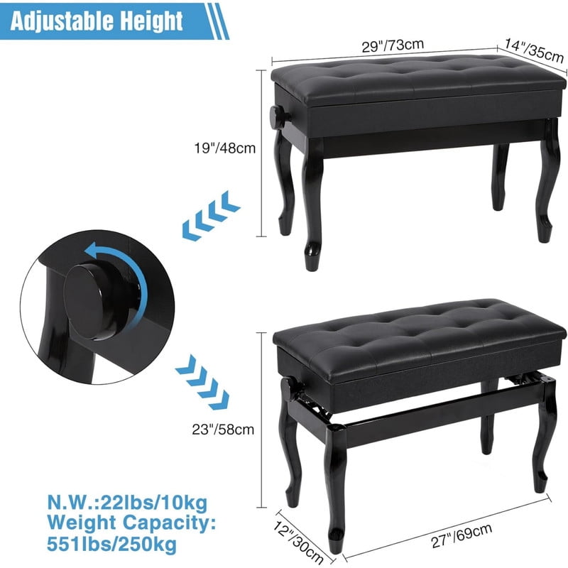 REDCAMP Adjustable Piano Bench with Storage, PU Leather Heavy Duty Keyboard Piano Bench with Padded Cushion Bent Leg, Black