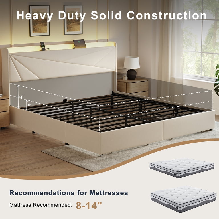 GUNAITO King LED Bed with Storage Drawers, Beige photo 8