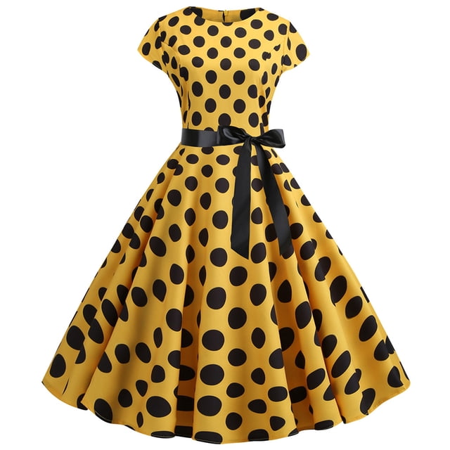 Robe à Manches Courtes Femme Vintage Années 1950 Rétro Manches Courtes Imprimé à Pois Soirée Bal Robe