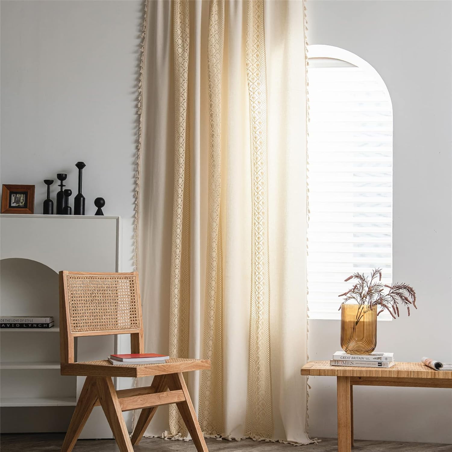 Vireellx Boho Curtains for Bedroom, Cream Hollow Crochet Stripes and Florals Print Cotton Linen Fabric Patchwork, Bohemian Beige Tassel Semi-Blackout Window Panel Farmhouse Drape