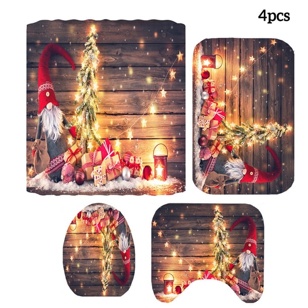 Yuarrent Cortina de ducha con temática navideña, alfombrilla de baño, alfombrilla, impresión antideslizante, cortina para bañera, decoración Kits de decoración para fiestas 4 unids/set Yuarrent HA000344-04B