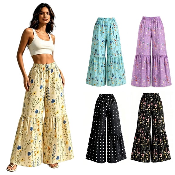 Tqcoqu Womens Floral Wide Leg Palazzo Pants, High Waist Boho Lightweight Pants for Casual, Beach & Vacation Wear,Women's Size XS-XXL