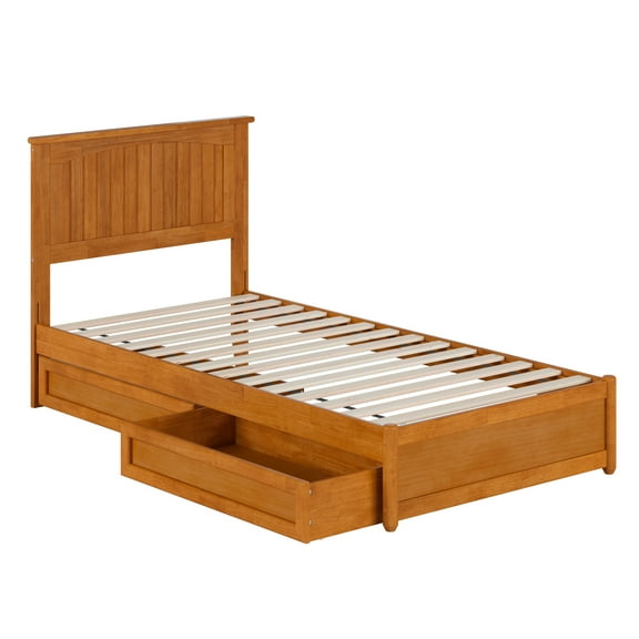 Malta Twin XL Wood Platform Bed with Panel Footboard & Drawers in Light Toffee