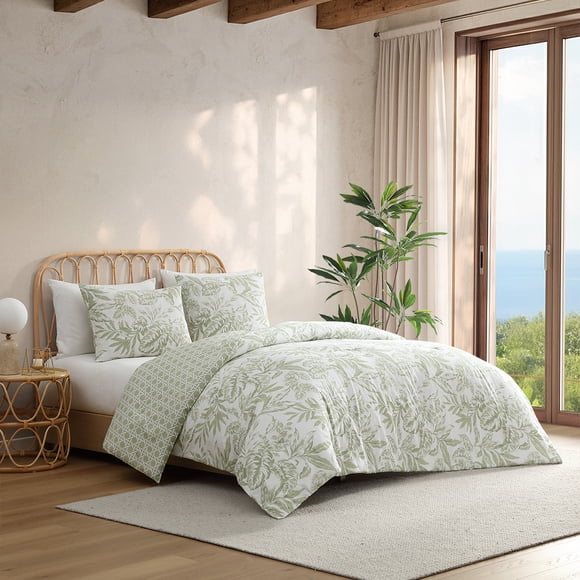 C&C California Printed Leaf Reversible Comforter Set, 100% Cotton, Breathable, All-Season Comfort , 3 piece, King, Sage